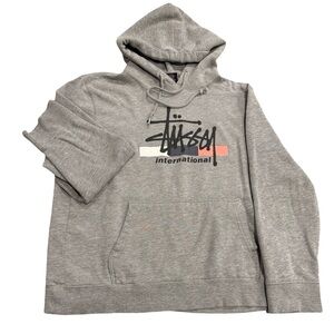 Stussy Gray Hoodie with Black Logo and Coral Accent
